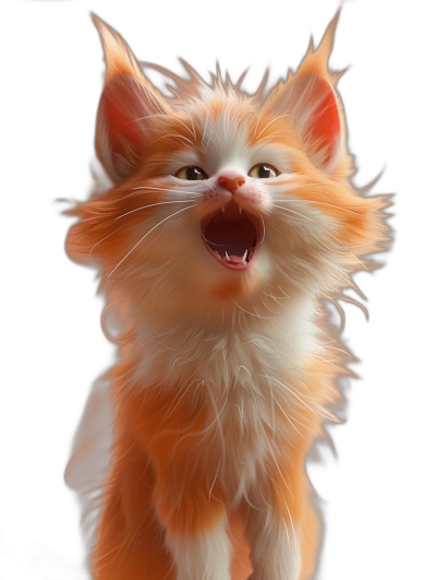 A cute orange and white cat is howling in the style of Pixar on a black background with detailed fur texture and high resolution. The digital art is super realistic with hyper detail, cinematic light, and an octane render with studio lighting. The cat is shown in bright color with a front view full body shot.