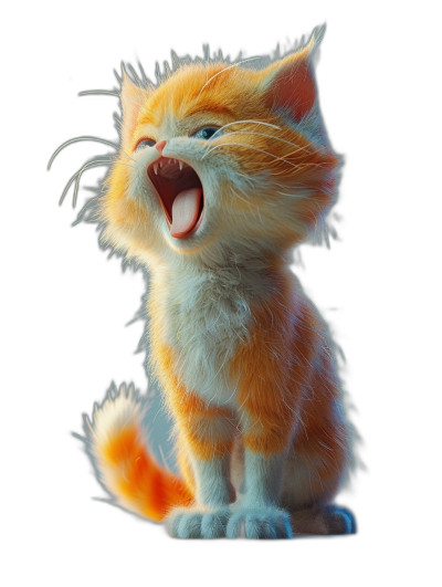 3D render of an orange and white kitten howling, with a cute, happy expression, against a black background, in the style of Pixar.