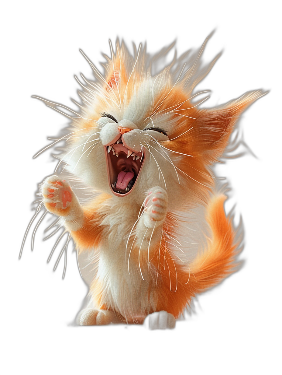 A cute orange and white cat, with its mouth open in an exaggerated expression of laughter, is jumping up on the black background. It has long hair all over its body, with fluffy fur that makes people want to touch it. The cartoon style features in the style of high definition photography.