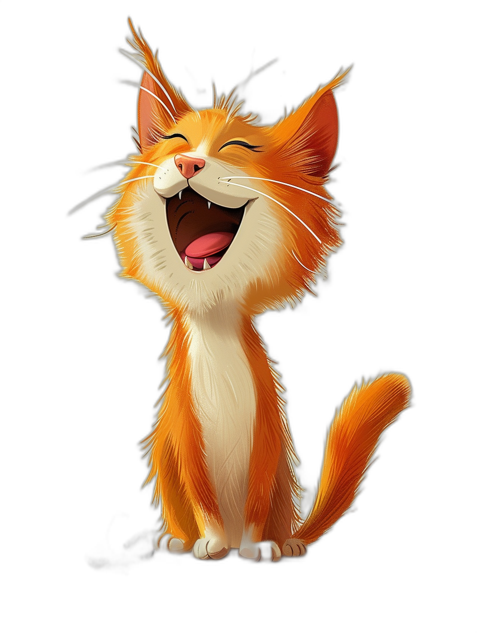 A cute cartoon illustration of an orange cat laughing, in the style of Disney, in the style of Pixar, against a black background, high resolution.