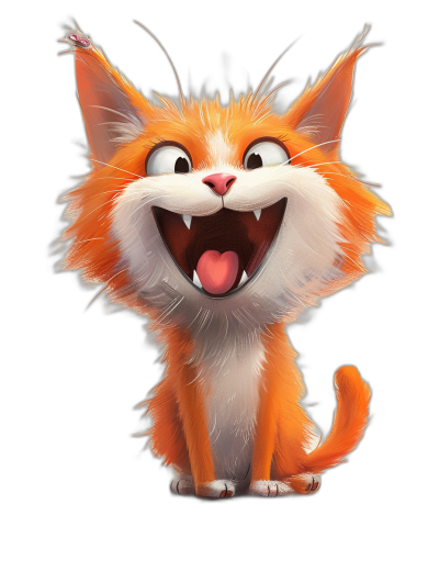 smiling cute orange cat, in the style of Disney style cartoon character design, black background, high resolution