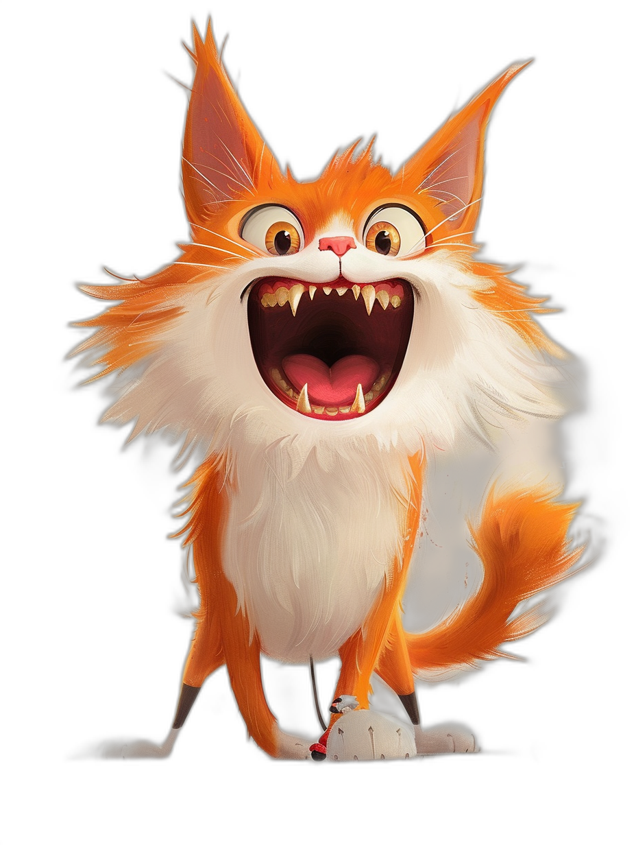 A cute smiling orange and white cat with big teeth, full body, on a black background, in the Disney style cartoon character, in the Pixar illustration style, concept art in the style of Robert HINSK all in the style of the game The together games series, very detailed, high resolution, high quality.