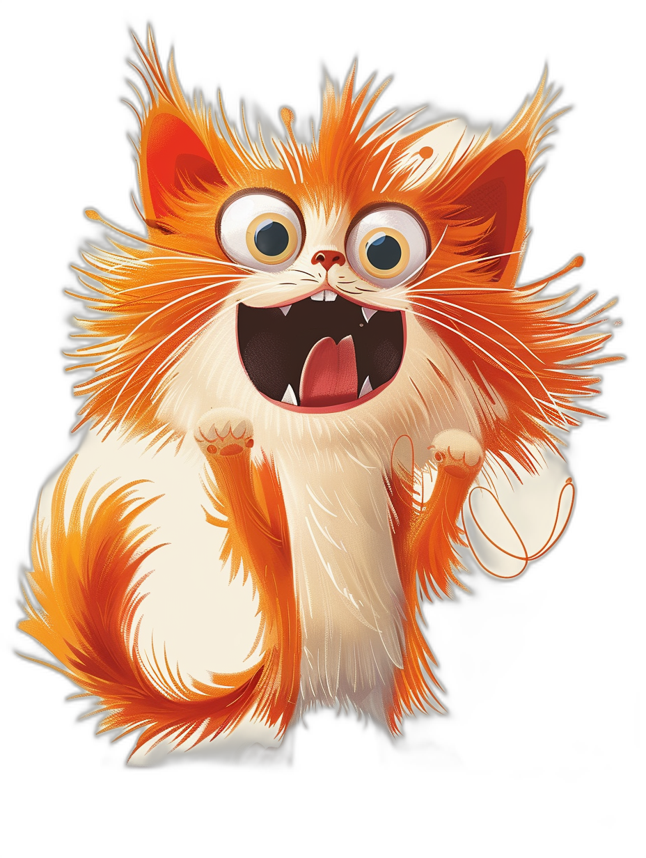 Cute cartoon illustration of an orange and white fluffy cat with long hair, a happy expression, on a black background, in the style of colorful animation stills, in the style of 2D game art, cartoon characters, in the style of Disney Pixar, a full body shot, with a big head, small eyes, a big mouth open to show teeth, smiling, long fur around the neck, short ears, holding its tail in its hand.