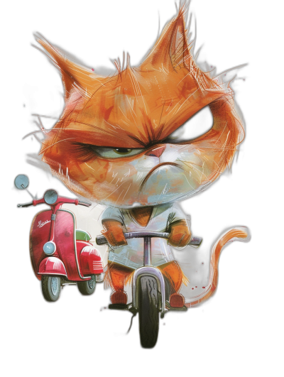 grumpy orange cat on vespa, in the style of [Goro Fujita](https://goo.gl/search?artist%20Goro%20Fujita) and [Sam Toft](https://goo.gl/search?artist%20Sam%20Toft), against a black background, in a clipart style