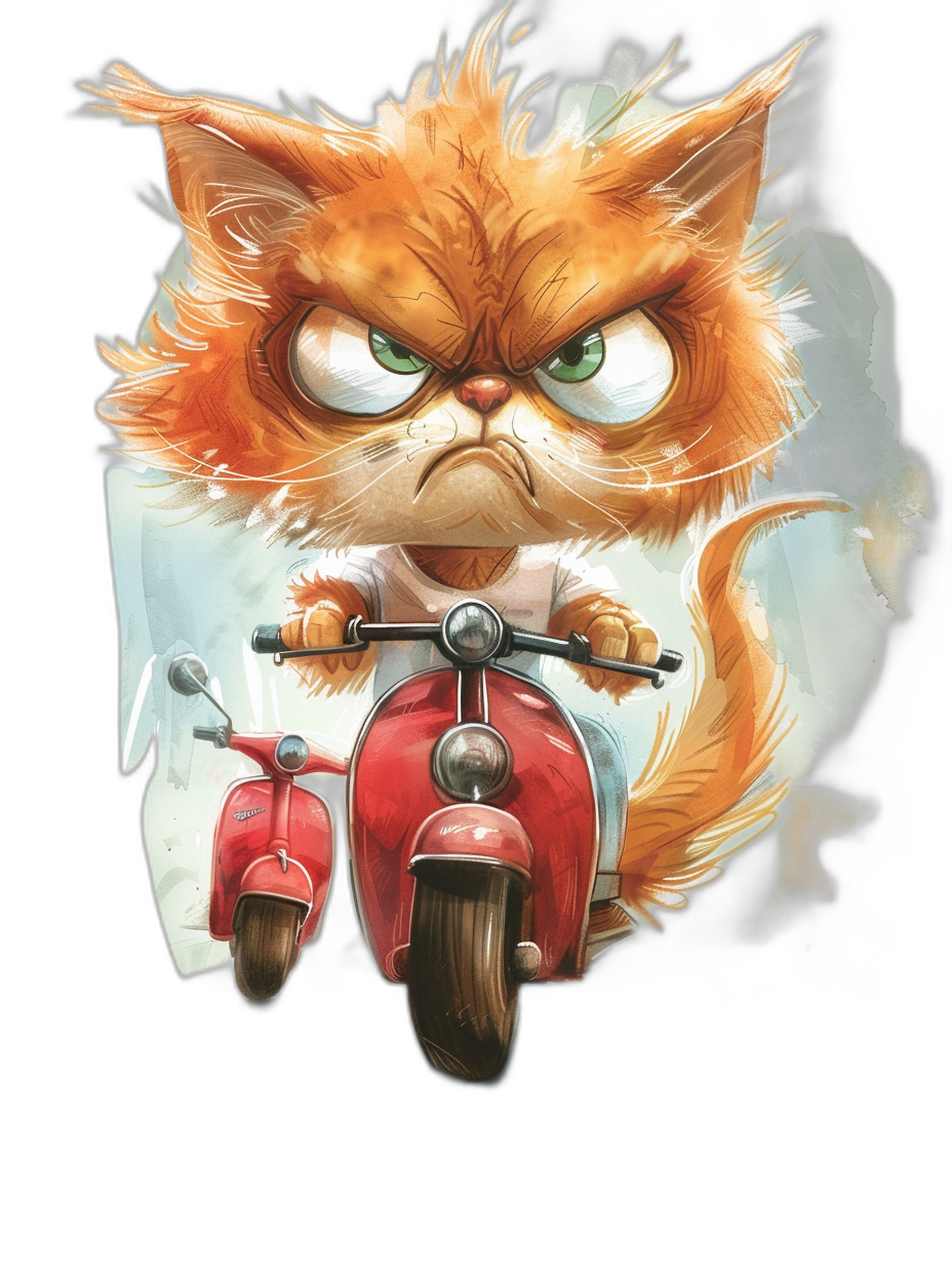 grumpy orange cat with green eyes, wearing a white shirt and riding a red scooter in the style of [Tiago Hoisel](https://goo.gl/search?artist%20Tiago%20Hoisel), in a caricature-like, playful style on a black background