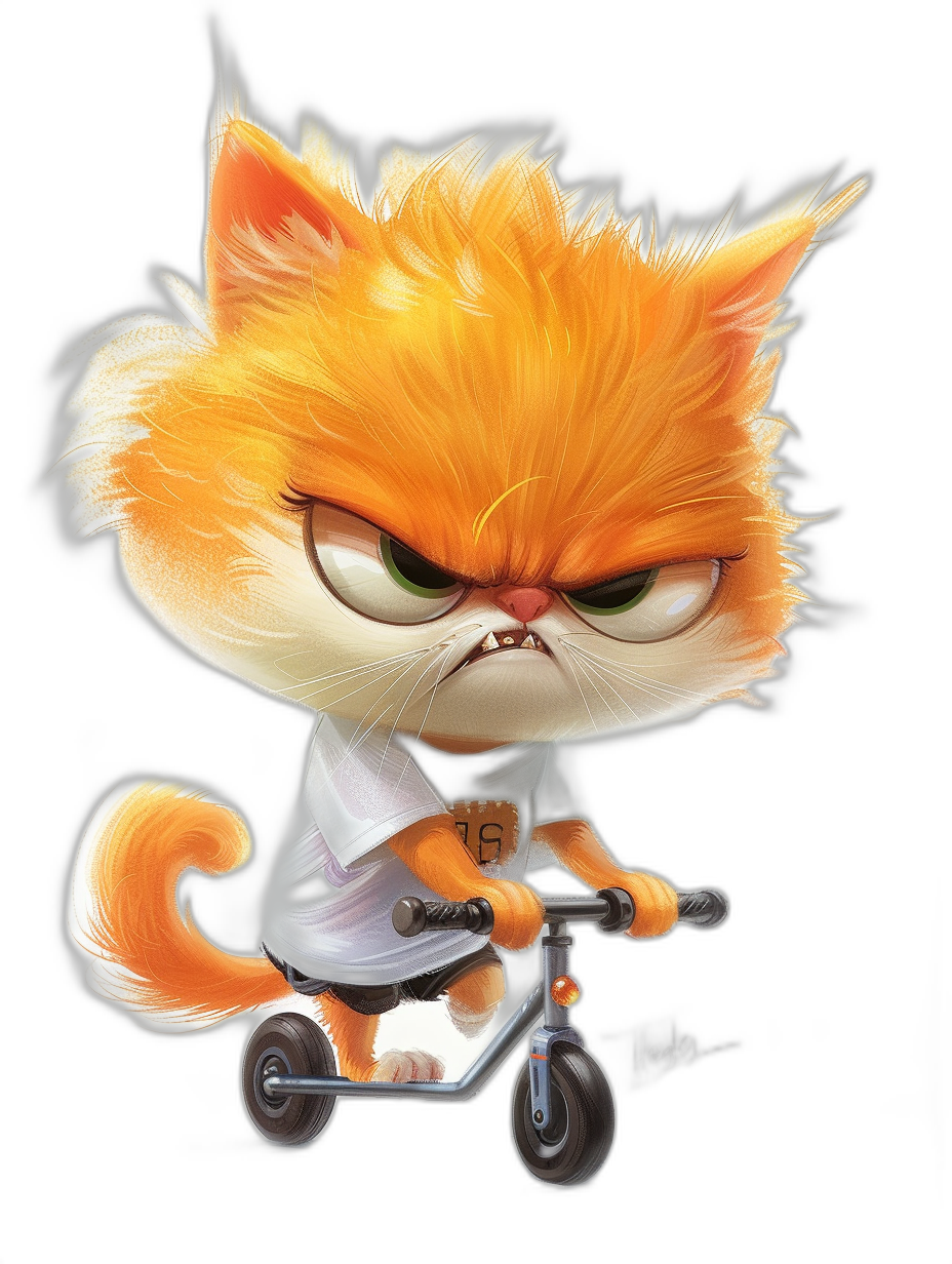 grumpy orange cat wearing a white t-shirt and black shorts, riding a scooter, with angry eyes, in the style of cartoon, on a black background, high quality, high resolution, in the style of Pixar art