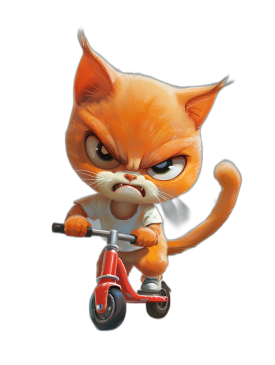 A cute orange cat with an angry expression riding on a scooter, wearing a white T-shirt and black shoes in the style of anthropomorphic cartoon. A full body portrait against a pure black background with high definition details of the character and cute expressions in the 3D rendering style of Disney Pixar animation. The black background has a high-definition resolution.