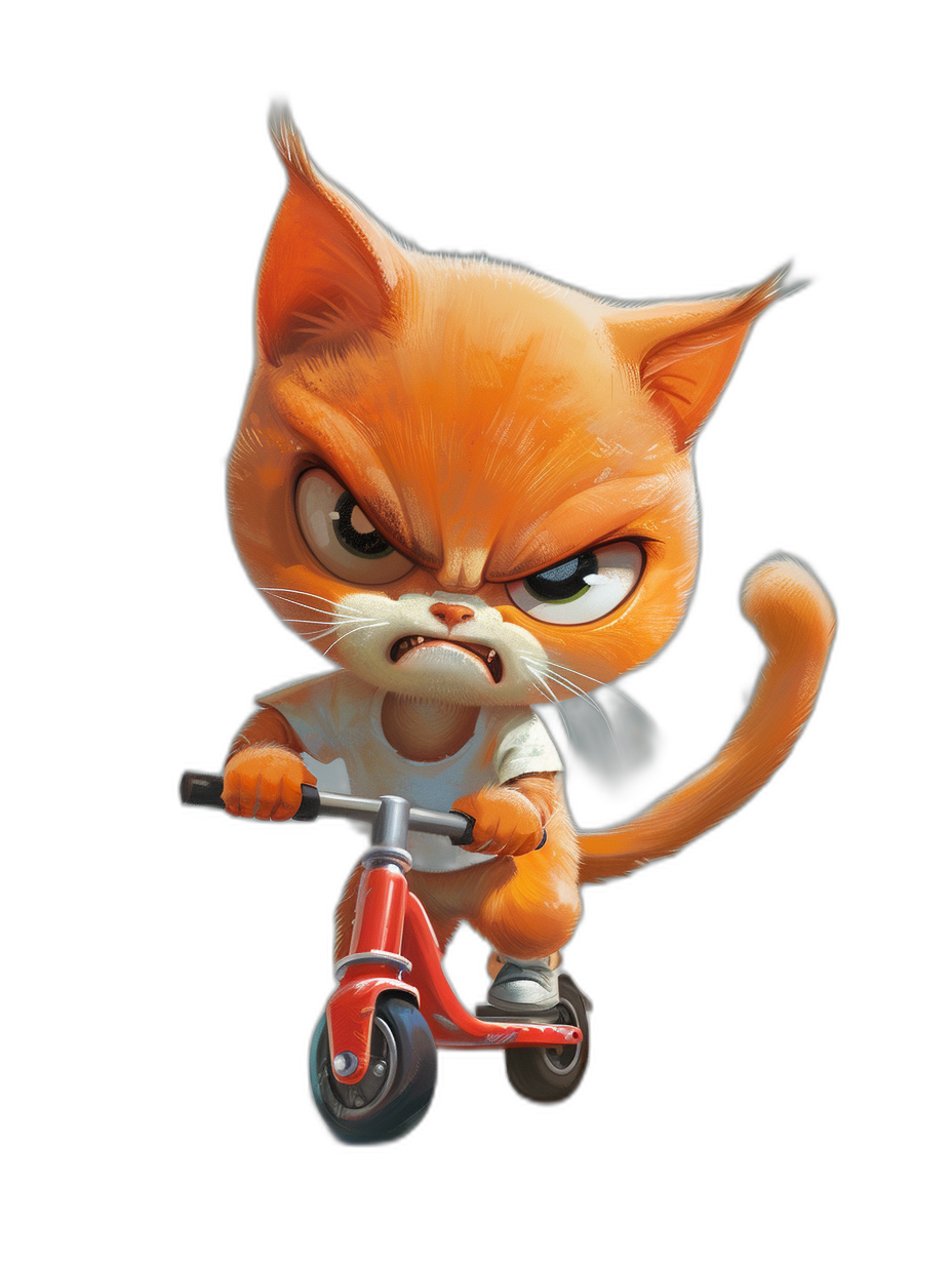 A cute orange cat with an angry expression riding on a scooter, wearing a white T-shirt and black shoes in the style of anthropomorphic cartoon. A full body portrait against a pure black background with high definition details of the character and cute expressions in the 3D rendering style of Disney Pixar animation. The black background has a high-definition resolution.