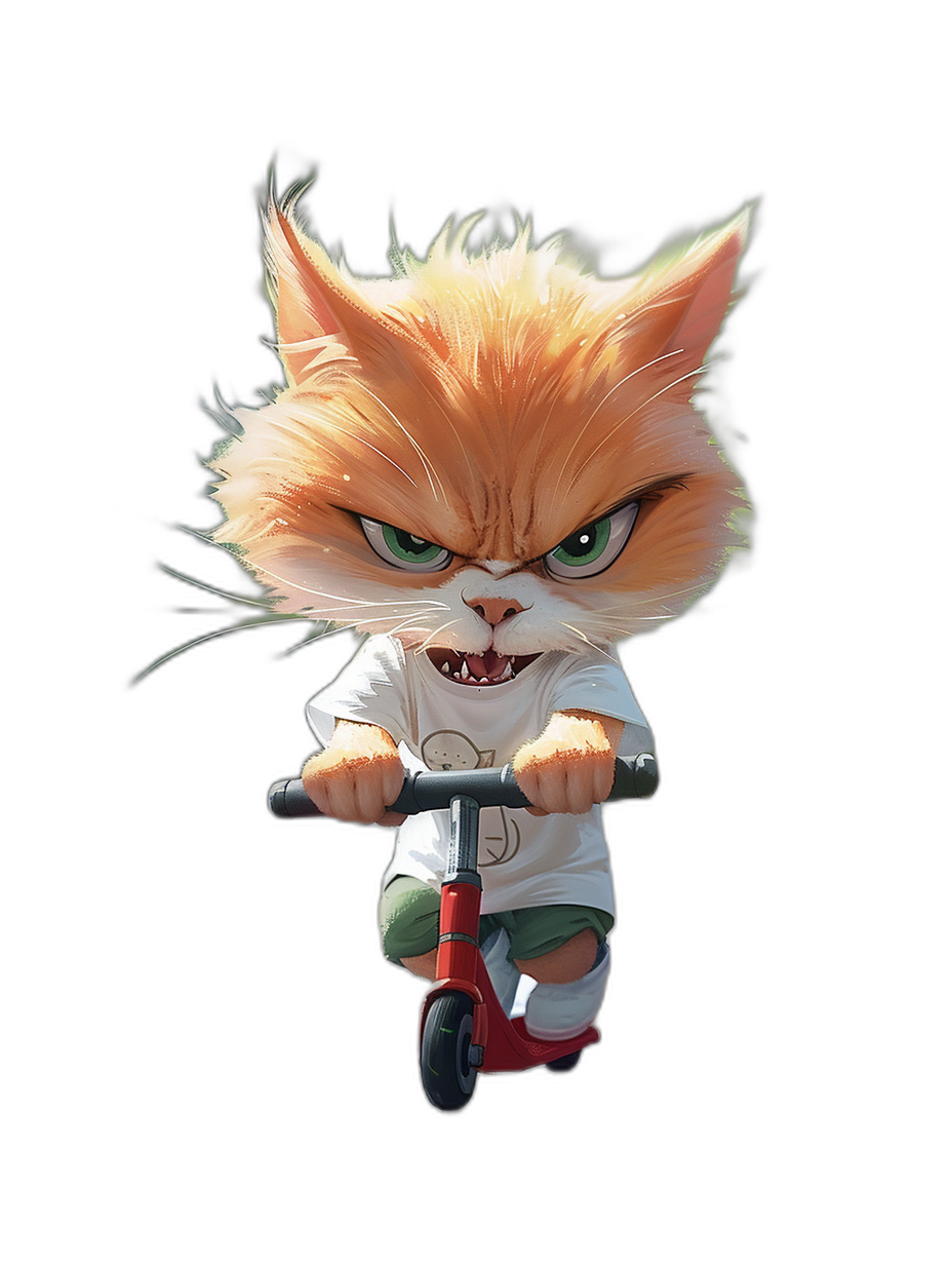 A cute orange cat with green eyes, wearing a white t-shirt and red shorts riding a scooter, with an angry facial expression in the style of Pixar on a black background.