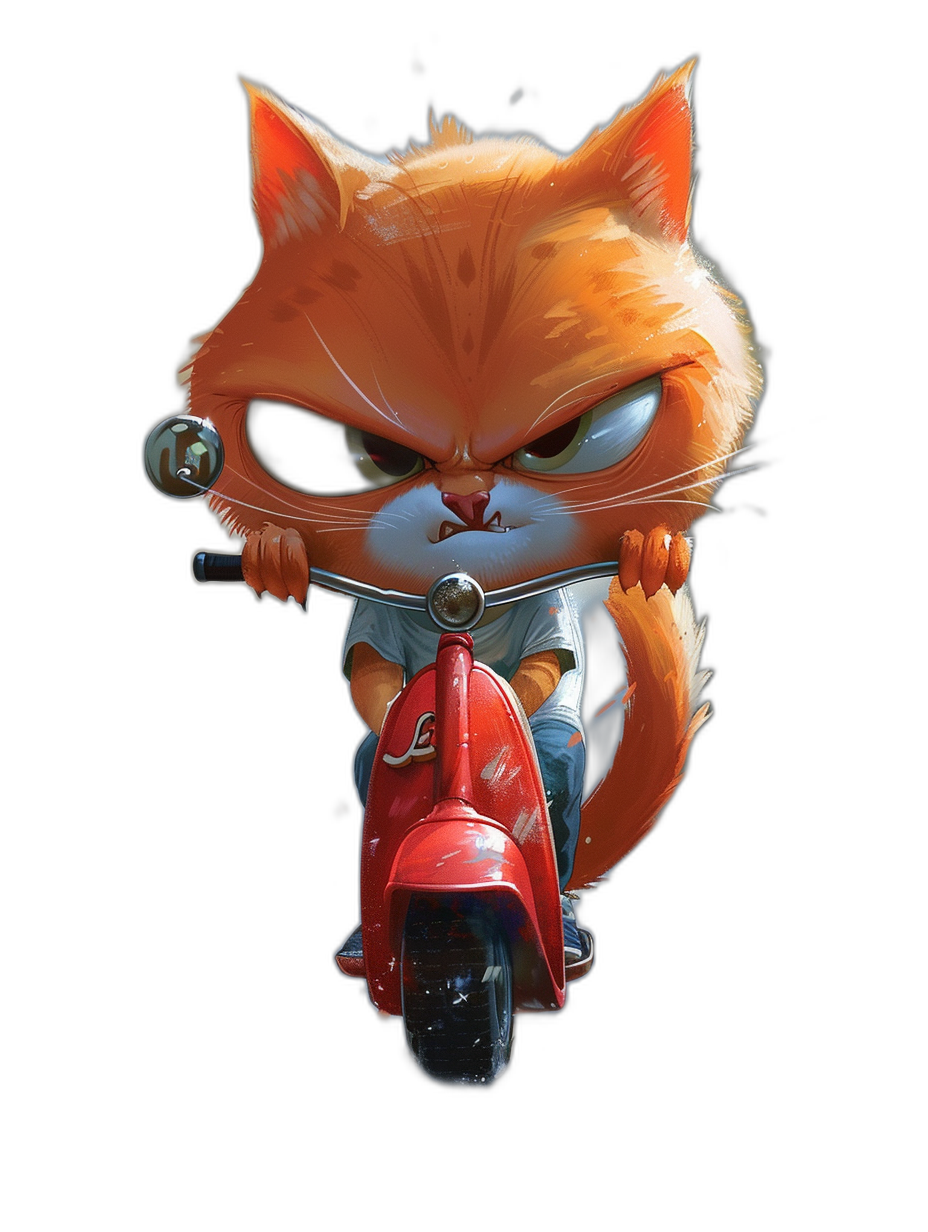 grumpy orange cat with black eyes riding a red scooter, in the style of chibi, kawaii art, isolated on a solid pure deep black background, without shadows in the picture, high resolution, high quality, high detail, intricately detailed, sharp focus, studio photo, intricate details, highly detailed illustration, high definition, high quality photography