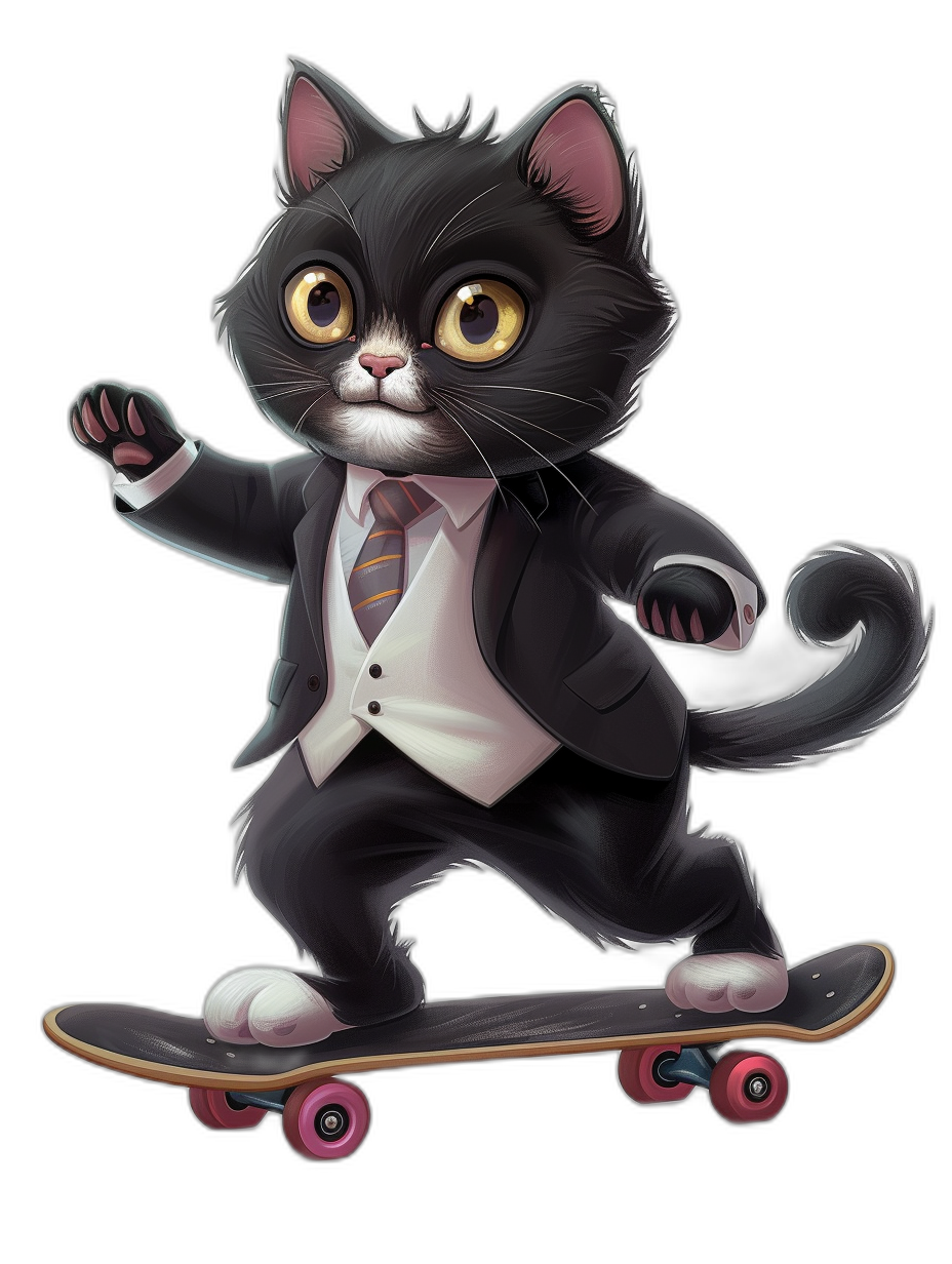 Cute cat in suit and tie riding on skateboard, black background, anime style