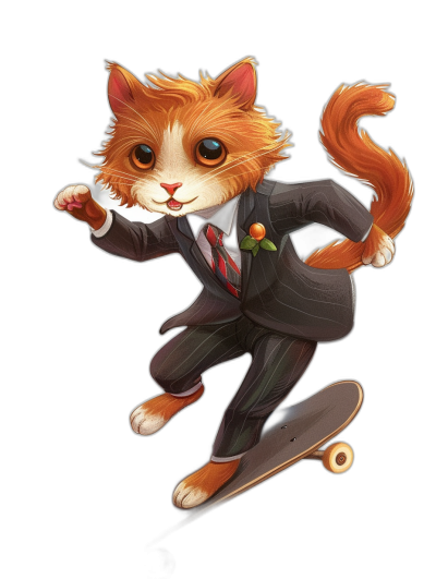 Illustration of an orange cat in a suit and tie, riding on a skateboard, black background, cute, in the style of chibi.