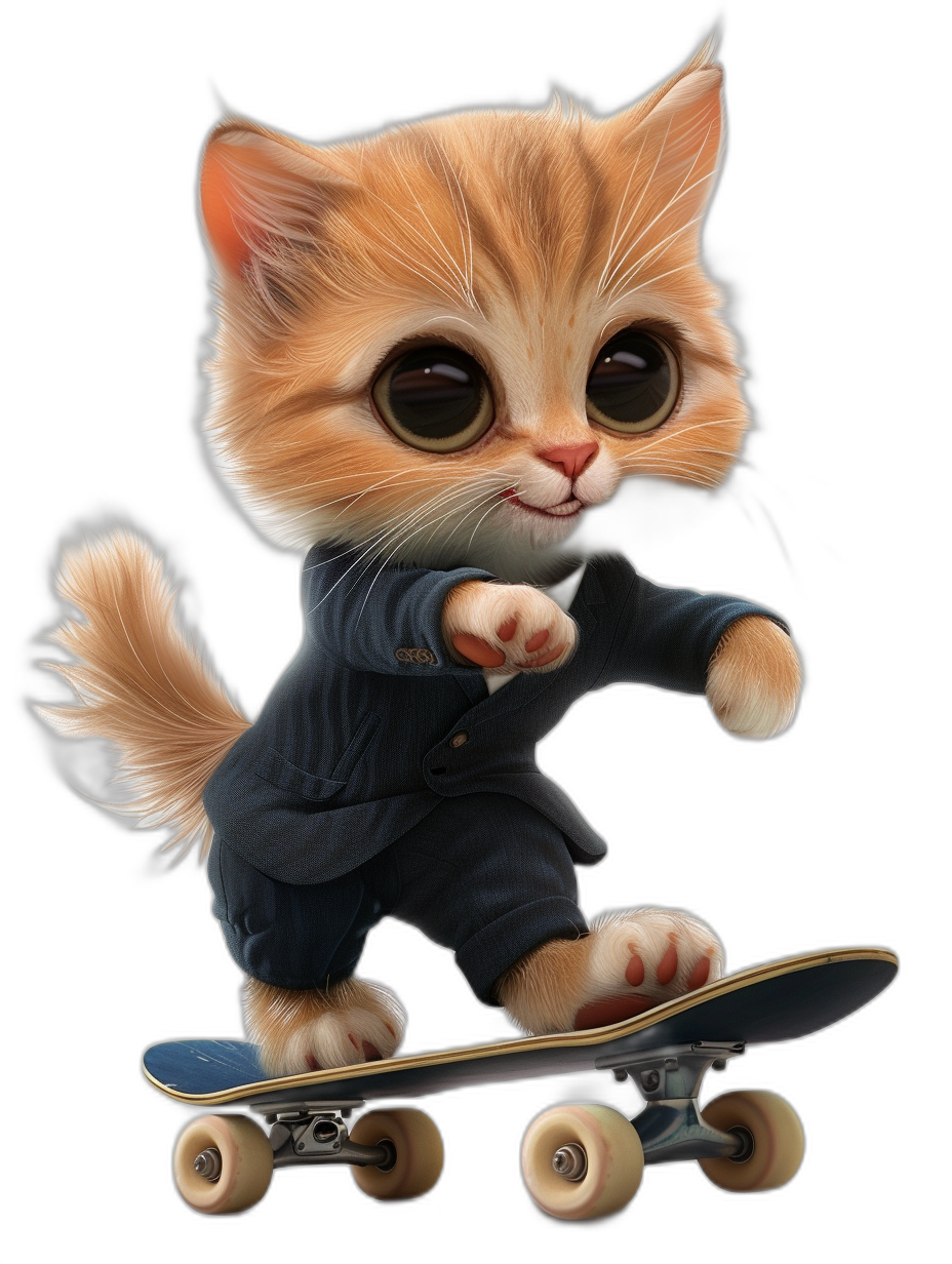 digital art of a cute kitten, wearing a suit, skating on a skateboard against a black background, with big eyes, looking happy and playful.