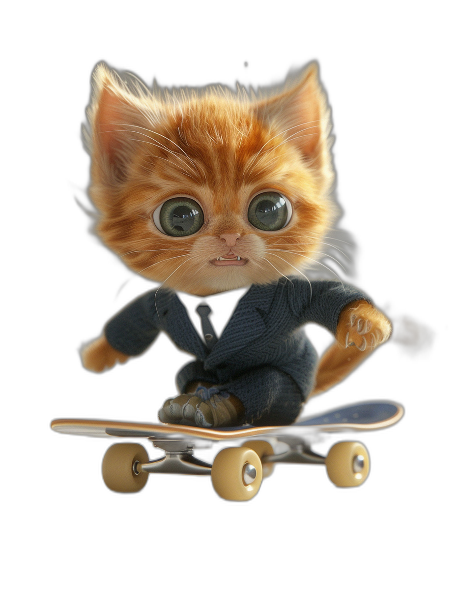 Cute kitten in a suit riding a skateboard, with big eyes and a furry body, on a black background, cute, in the style of hyper-realistic.