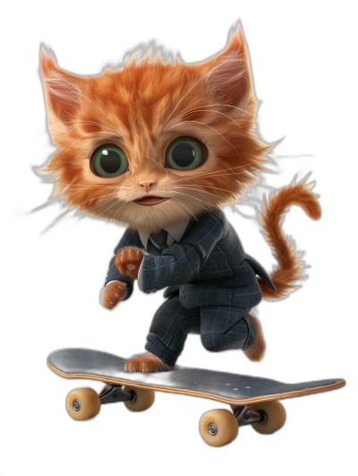 Cute cat cartoon character in a suit riding on a skateboard, with big eyes, on a black background, with detailed fur texture, in the style of 3d rendering, as digital art, in a cute pose, with professional photography skills, with sharp focus, under studio lighting.