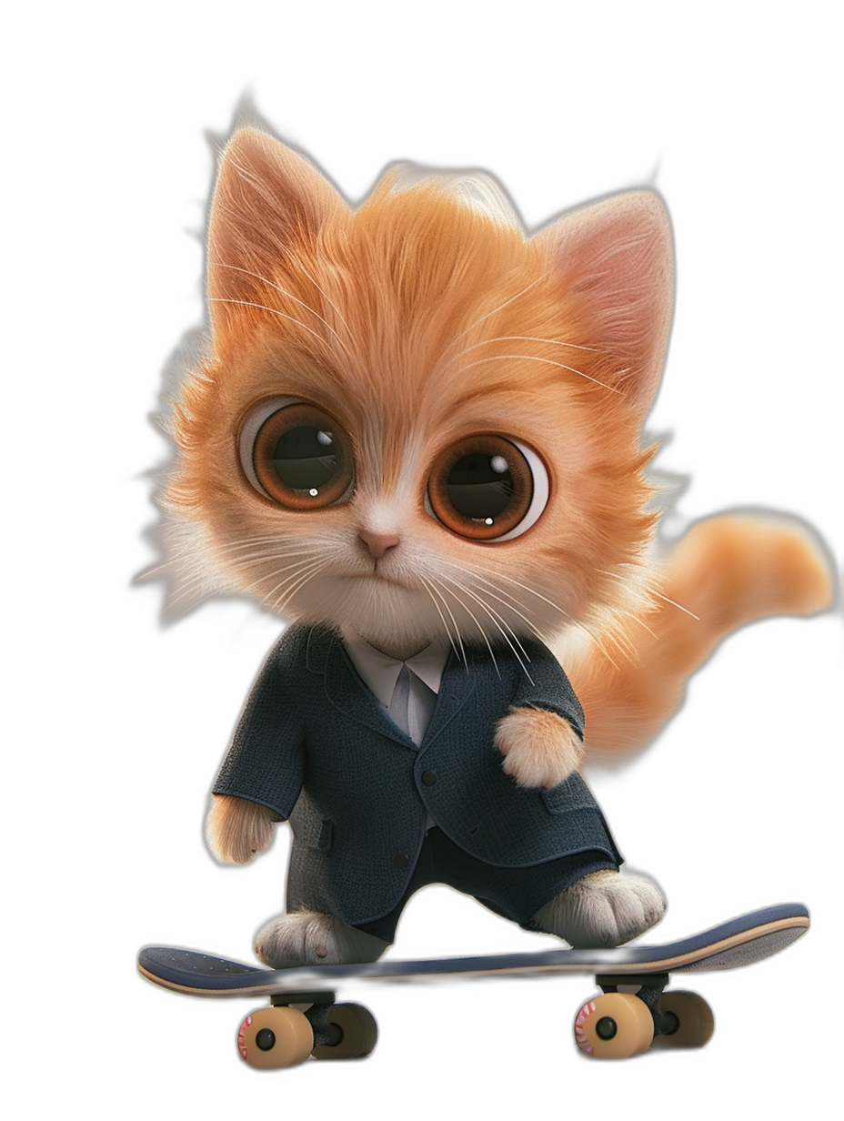 3D render of a cute furry ginger cat in a suit on a skateboard, with big eyes, in the style of Pixar, as an adorable Disney character concept art, on a black background