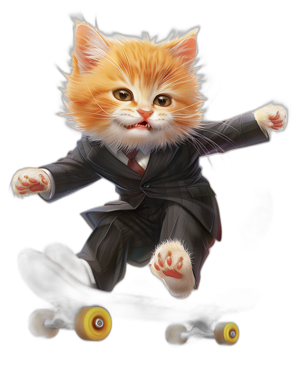 realistic digital illustration of cute ginger cat in suit, riding on skateboard, black background, character design, character sheet, full body portrait