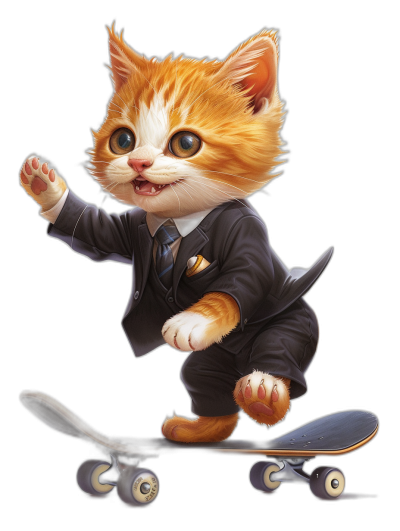 digital art of a cute and fat orange kitten, wearing a suit with a tie, riding on a skateboard, against a black background, fluffy, with a soft-focused realism style, with playful character designs in the style of realism.