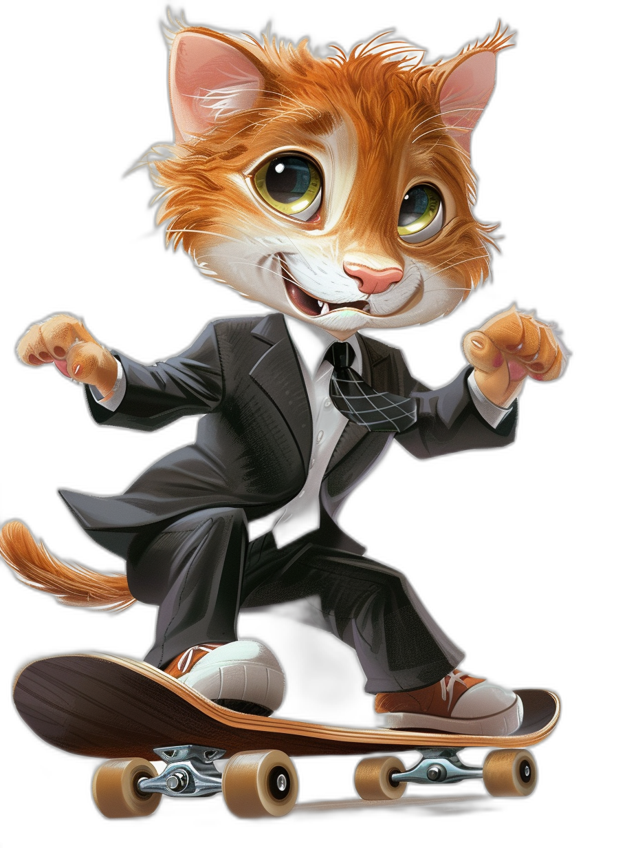 A happy smiling young ginger cat in a suit is riding on a skateboard in the style of [Tiago Hoisel](https://goo.gl/search?artist%20Tiago%20Hoisel), in a caricature-like, playful realistic style, with a dynamic composition against a black background.