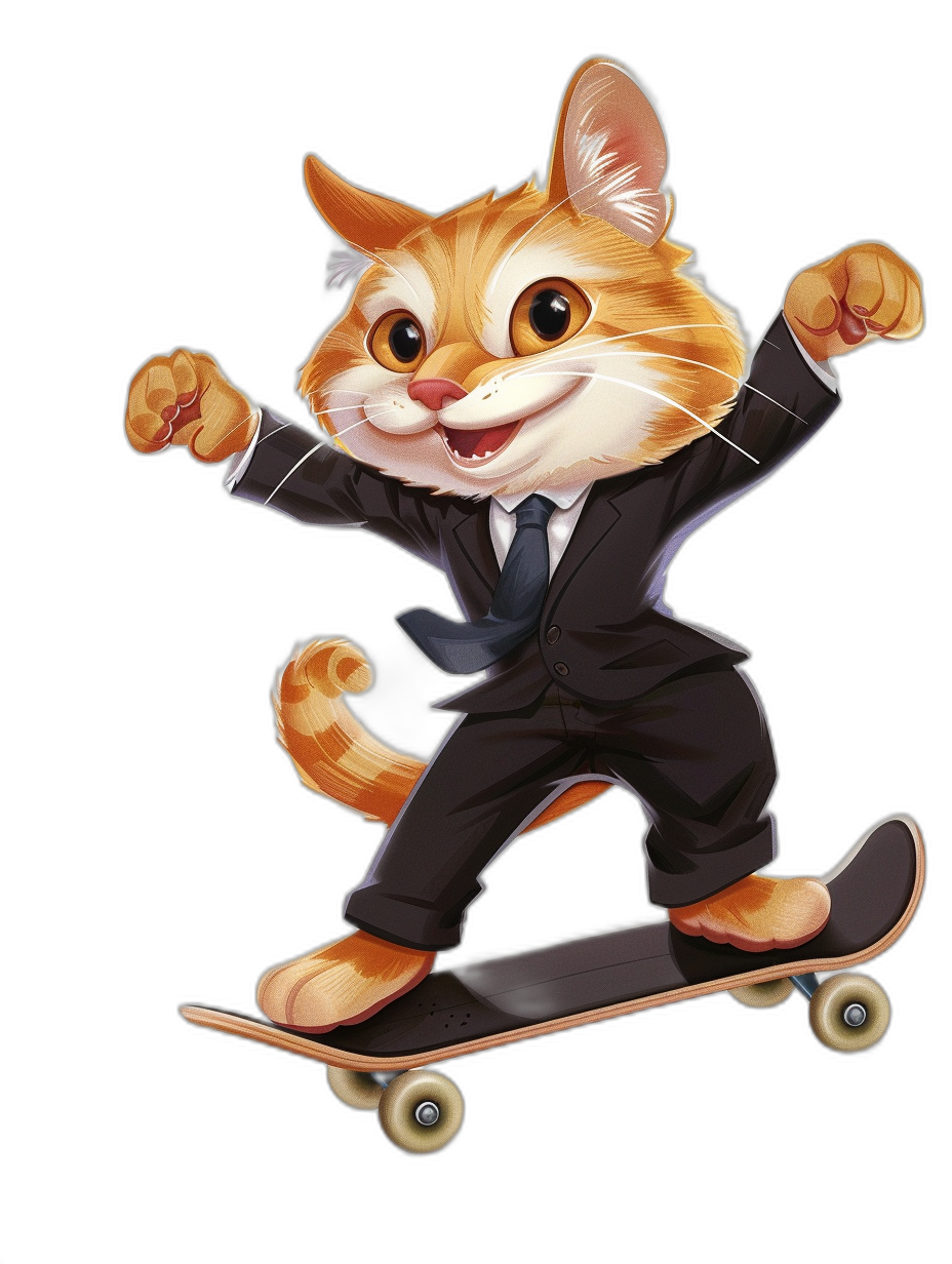 Cute cartoon cat in a suit, riding on a skateboard with a smiling expression and exaggerated movements and posture against a pure black background. It is a high definition, high resolution full body portrait in the style of a sticker design with bold lines and vibrant colors featuring high contrast between the character and skateboarding elements.