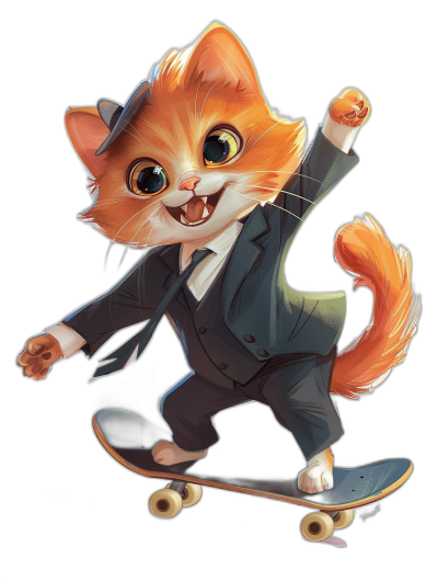 A happy smiling, cute and adorable orange cat dressed in a suit with a tie, riding on a skateboard. The illustration is done in the style of Disney Pixar and made as a digital airbrush painting. Background black color only for easy background removal. f/20, sharp focus, high resolution.