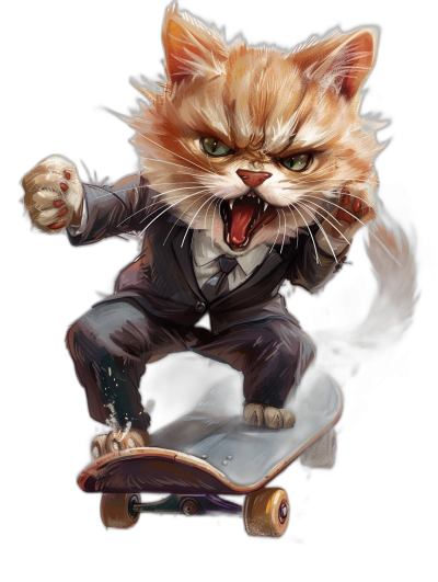 realistic digital detailed illustration of an angry ginger cat in suit riding on skateboard, isolated black background, full body portrait, funny character design, concept art for game, fantasy artwork, digital painting, high resolution