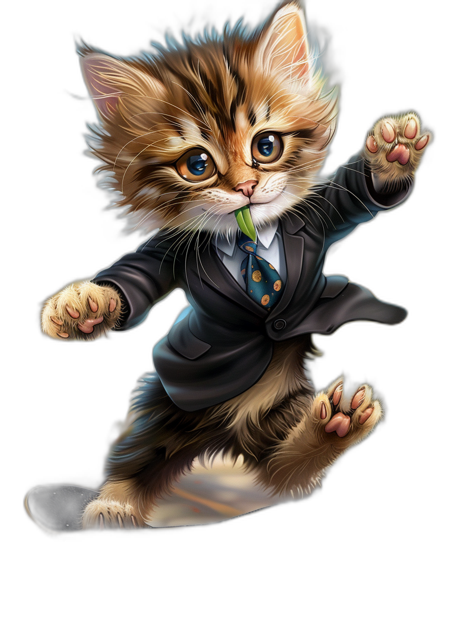 t-shirt design, happy cute and playful cat in a business suit with a tie jumping up on a black background, full body view, detailed, with cinematic lighting, in the style of Pixar character illustration art. Levitation effect.