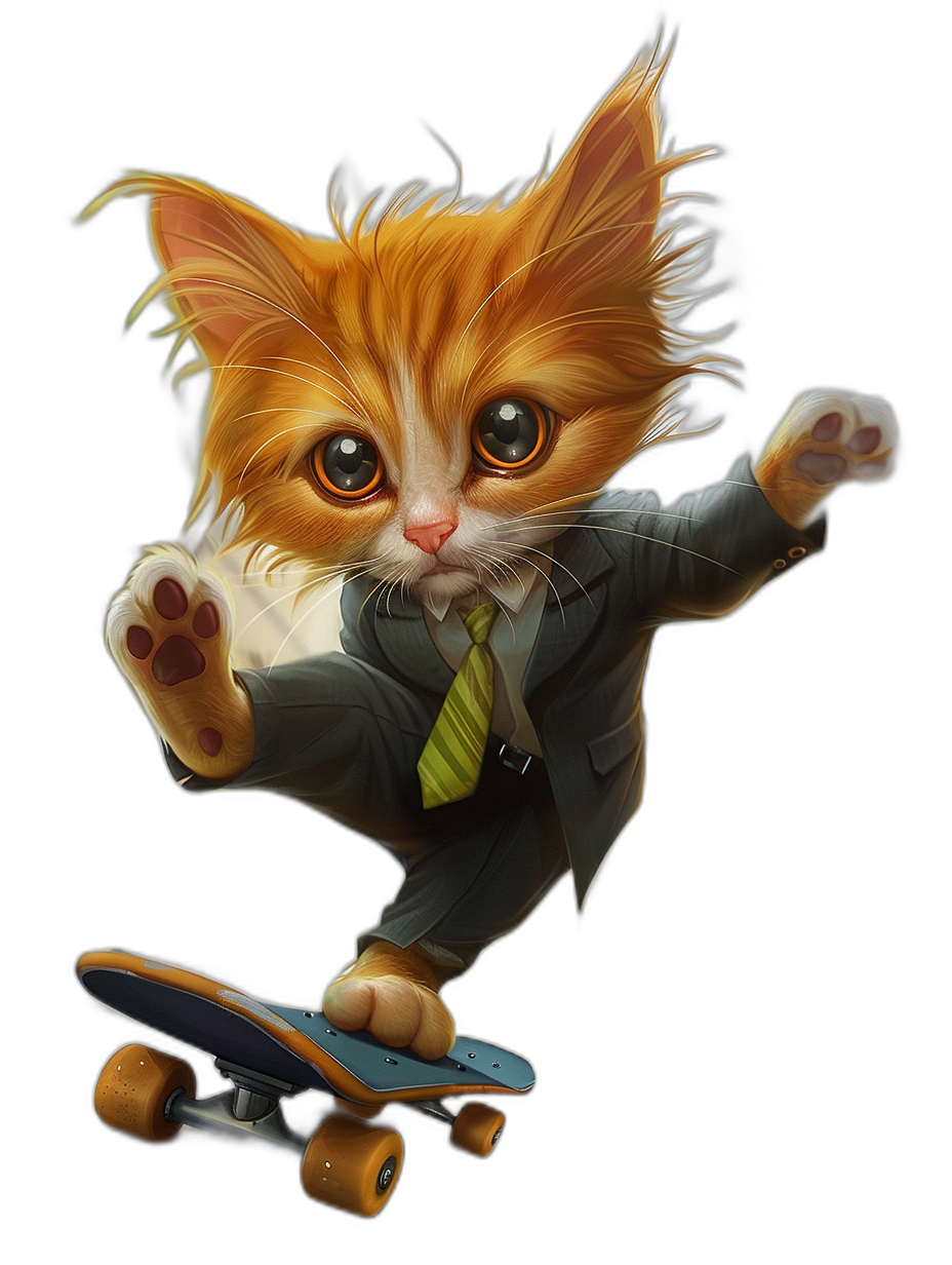 digital art of cute kitten , wear suit and tie, riding skateboard , black background , lovely and dreamy style