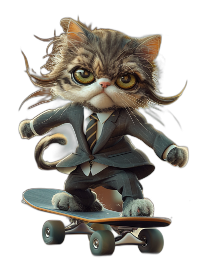 realistic digital illustration of an adorable cat wearing suit and tie, riding on skateboard, isolated in black background, cool pose