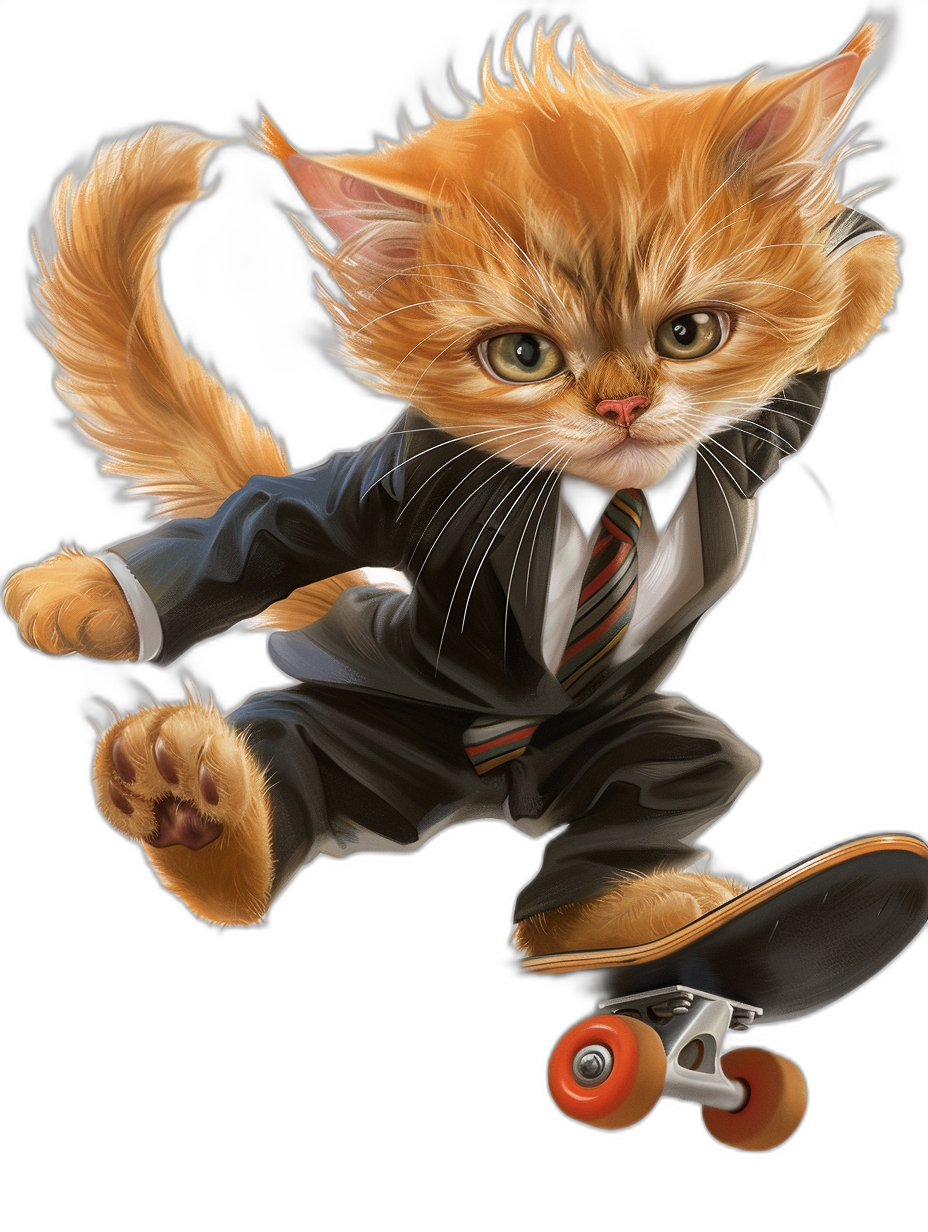 A cute orange cat in a suit and tie riding on a skateboard, vector illustration, black background, high resolution, in the style of a professional photograph, with super detail, in a hyper-realistic style.