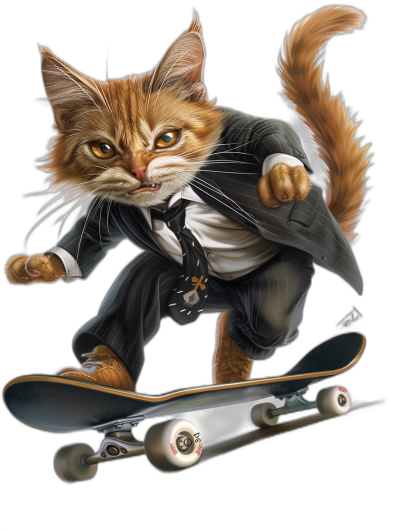 A ginger cat in a suit riding on a skateboard, vector illustration in the style of [Tiago Hoisel](https://goo.gl/search?artist%20Tiago%20Hoisel), caricature-like, playful caricatures, high resolution fine art photography, ink drawing, black background