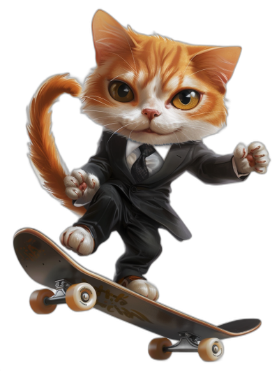 A cute ginger cat in a tuxedo riding on a skateboard, vector illustration in the style of [Bruce Timm](https://goo.gl/search?artist%20Bruce%20Timm) and [Kawacy](https://goo.gl/search?artist%20Kawacy), black background, full body shot, high resolution