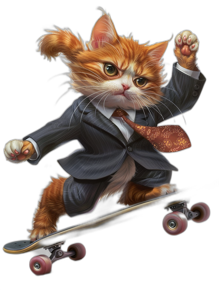 realistic digital illustration of a cute ginger cat in a suit and tie, riding on a skateboard, with a full body view, against a black background, in the style of a t-shirt design graphic, with ultra detailed style, isolated on a dark blurred backdrop