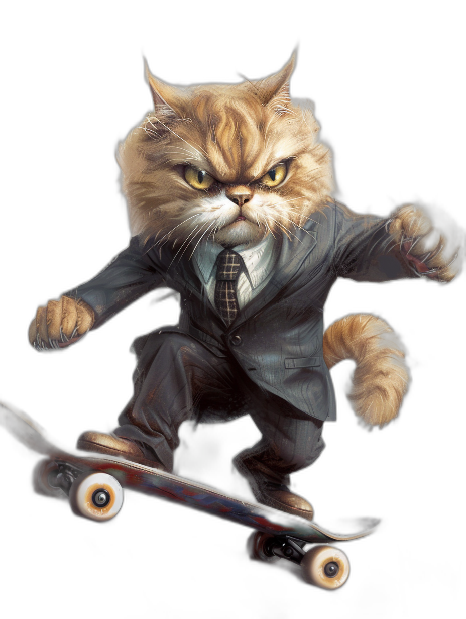 realistic digital illustration of an angry cat in suit and tie, riding on skateboard, black background, full body portrait view