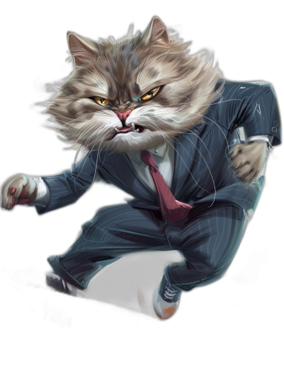 realistic fantasy art illustration of an angry cat in business suit, jumping, black background, full body view, wide angle shot