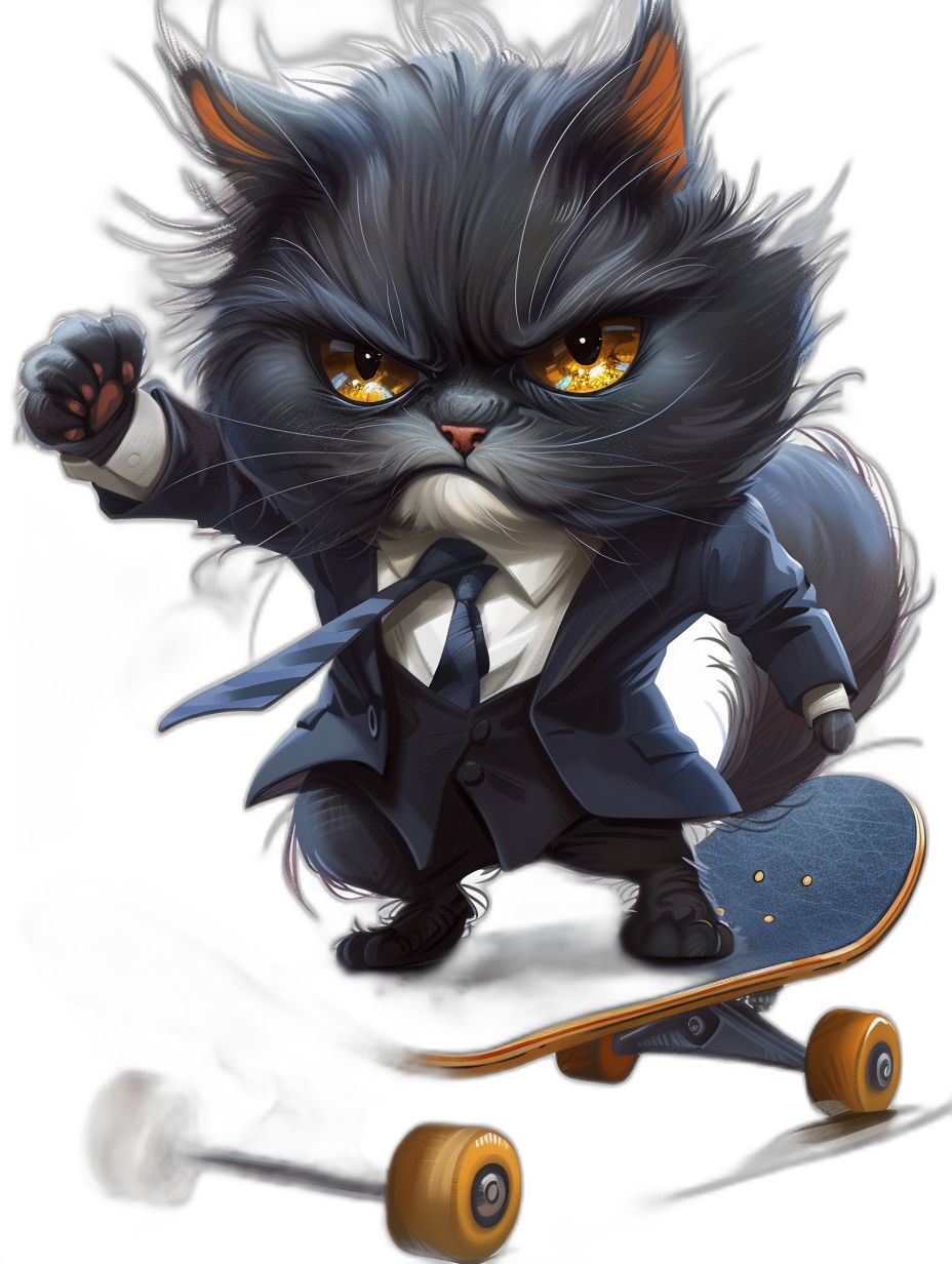 black background, chibi style cartoon art of an angry black cat in suit and tie riding on the skateboard, yellow eyes, dark grey fur with white paws and chest, full body shot, detailed illustration, dynamic action pose, vibrant colors, smooth lines, digital painting, high resolution, high contrast, high detail, cinematic lighting, sharp focus, intricate details, octane render,