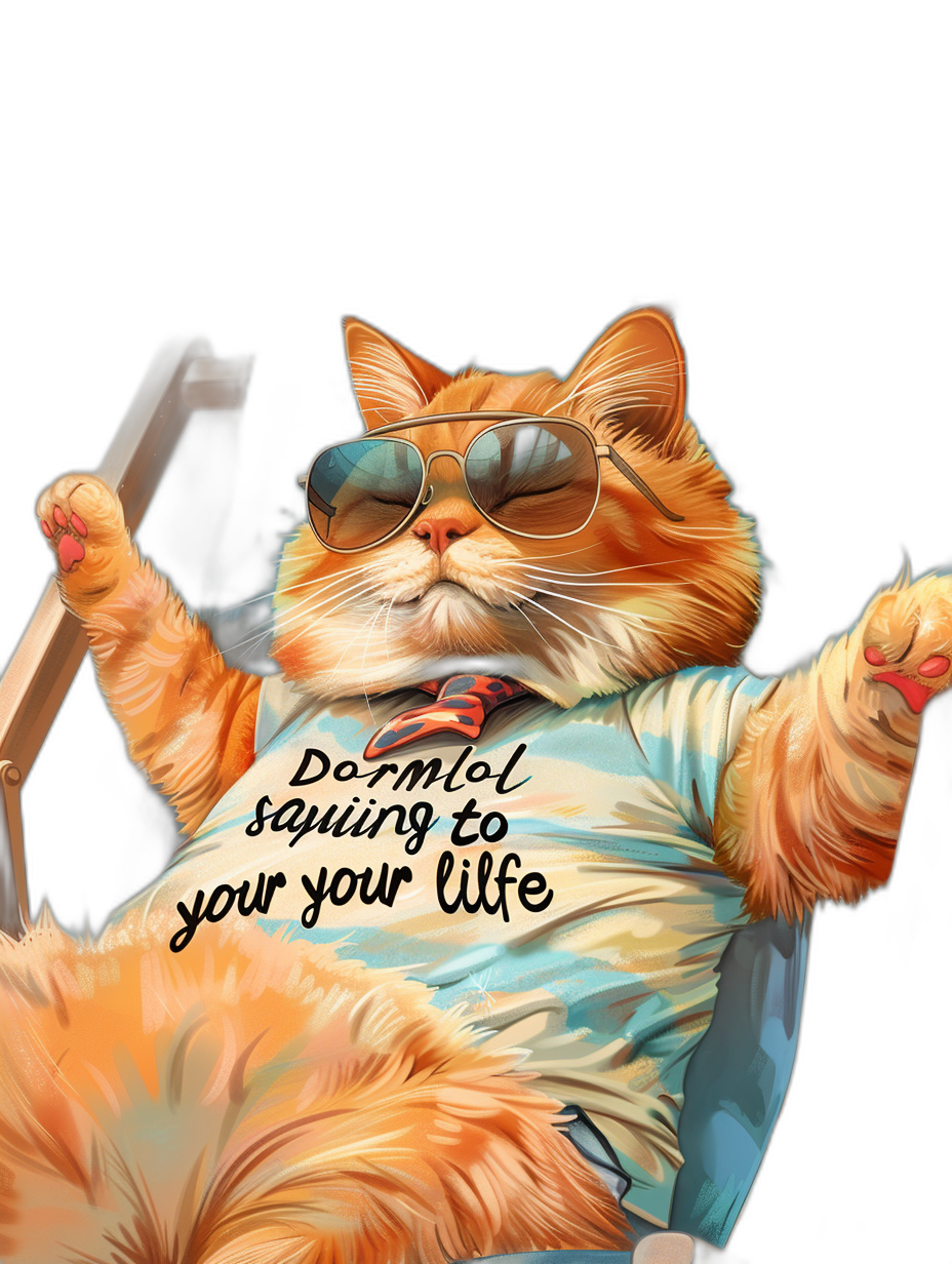 digital art of a cool fat orange cat, wearing sunglasses and a t-shirt with text “Dormscanner to your life”, hand up, sitting on a chair in an office room background with a black background, chill vibes, happy mood.