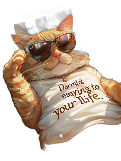 A realistic happy ginger cat wearing sunglasses and holding up an arm with the words "Dormbel saying to your life" on it, against a black background, vector art for a t-shirt design in the style of Dormbel.