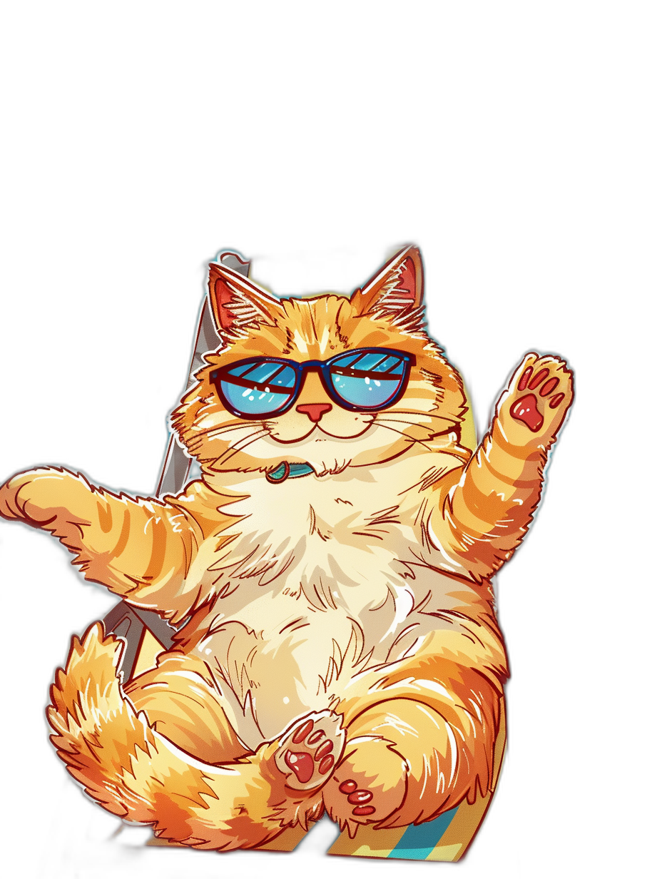 A happy, plump orange cat with blue sunglasses is sitting on its hind legs and holding up an iPhone in the air. The illustration style should be cartoonish and colorful, suitable for T-shirts or stickers against black background.