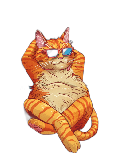 A cartoon illustration of an orange cat with sunglasses lounging in the style of [Patrick Brown](https://goo.gl/search?artist%20Patrick%20Brown), vector art for a t-shirt design on a black background, full body, detailed character illustration, cute and colorful, flat colors, vector graphics, 2D game model.