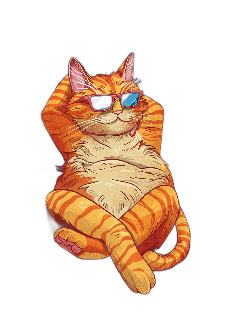 A cartoon illustration of an orange cat with sunglasses lounging in the style of [Patrick Brown](https://goo.gl/search?artist%20Patrick%20Brown), vector art for a t-shirt design on a black background, full body, detailed character illustration, cute and colorful, flat colors, vector graphics, 2D game model.