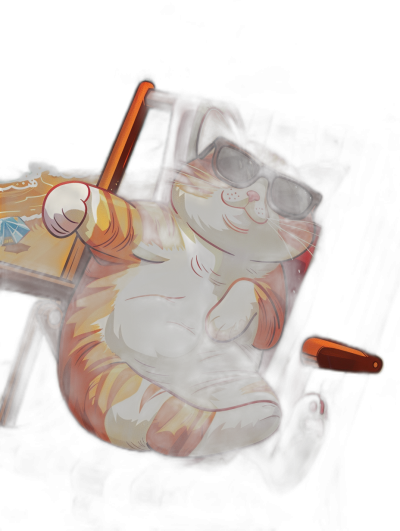 A cartoon cat wearing sunglasses is lying on its back, playing with mahjong in the office chair. It has an orange and white gradient coat, black background, and glowing effects. The game art style features detailed character design techniques and cartoon characters. It was created using digital rendering technology. Its headshot appears extremely cute, as if it were sleeping on top of the table, with its hands hanging down by its side. This is also a full body portrait in the style of the artist.