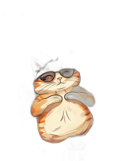 A fat cat wearing sunglasses is depicted in the style of anime with simple lines and flat colors on a black background. The composition is from a front view, focusing on capturing its adorable features. It has soft lighting that highlights the contours of its body.