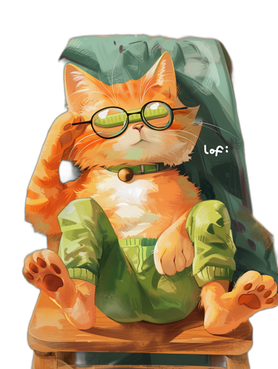 illustration of an orange cat with green  and glasses sitting on chair, written "Lofi", black background, hd, Disney Pixar style