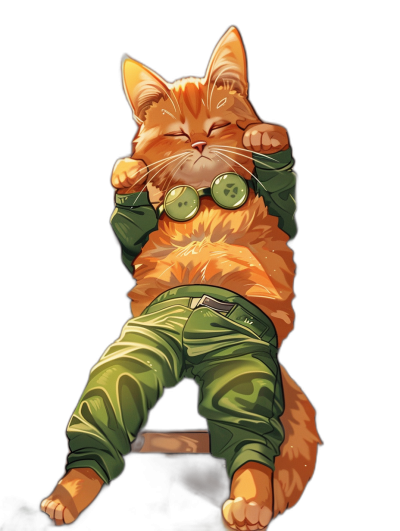 A cute orange cat wearing a green jumpsuit and round glasses, doing a sitting pose in the style of the Dragon Ball Z anime, on a black background, in a vector art style, as a full body shot, with high contrast, as a highly detailed digital painting in a concept art style, with sharp focus and studio lighting.