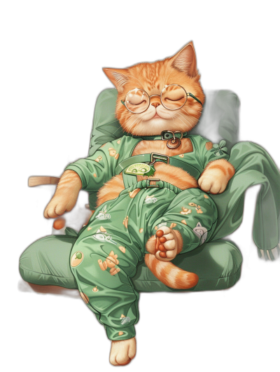 A cute orange cat wearing green pajamas and glasses, sleeping on an armchair against a black background. A full body portrait digital art in the style of kawaii anime style, suitable for a t-shirt design.