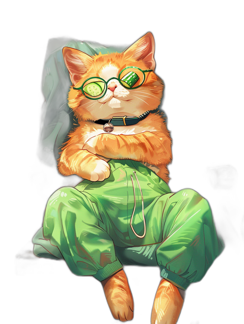 digital art of cute and fat orange cat , wear green baggy pants with black shirt, sunglasses on head , wearing white slippers in the style of kawaii aesthetic, hyper-realistic illustrations, emerald color, full body portrait, dark background, digital painting, digital illustration,