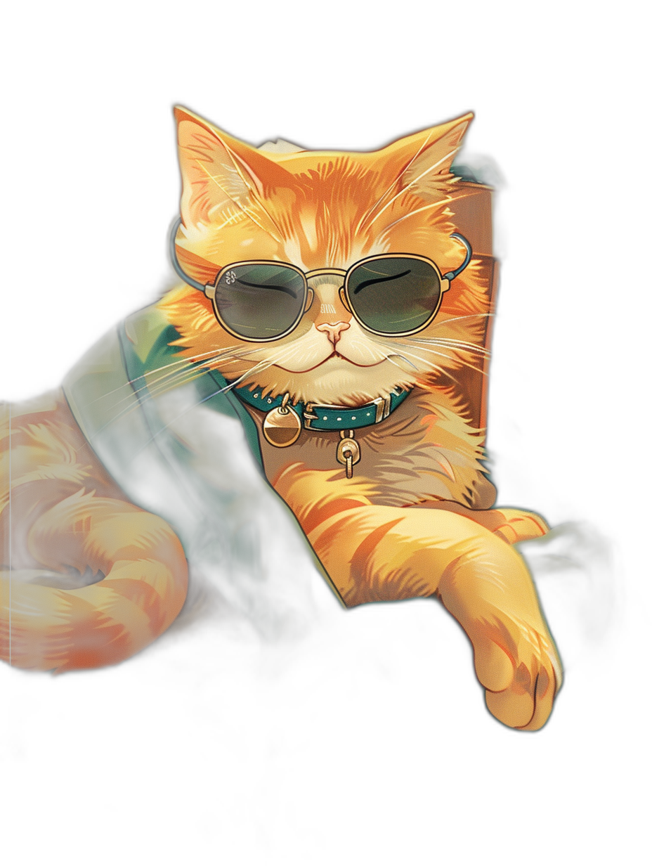 digital art of cool and fat orange cat , wearing sunglasses with green shirt , chill expression, hand on the side in black background full body