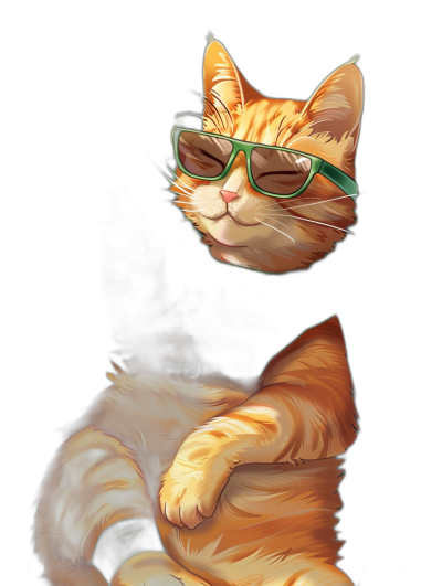 Illustration of an orange cat wearing green glasses, hugging its own leg with one paw, isolated on a black background, high resolution, digital art in the style of [Amanda Sage](https://goo.gl/search?artist%20Amanda%20Sage) and Kevin Macpherson, detailed character design, cute and dreamy, digital airbrushing techniques used light bronze and dark amber colors, cartoon realism style, text "Zap� Barber" in the style of Pixar.