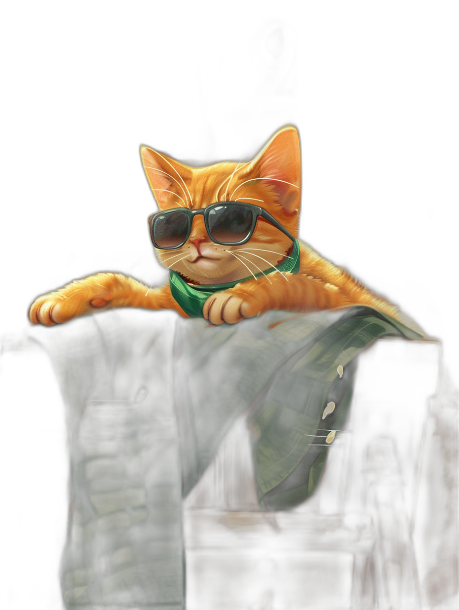 digital art of a cool fat orange cat, wearing sunglasses and a green scarf, sitting on top of a black jacket. Dark background.